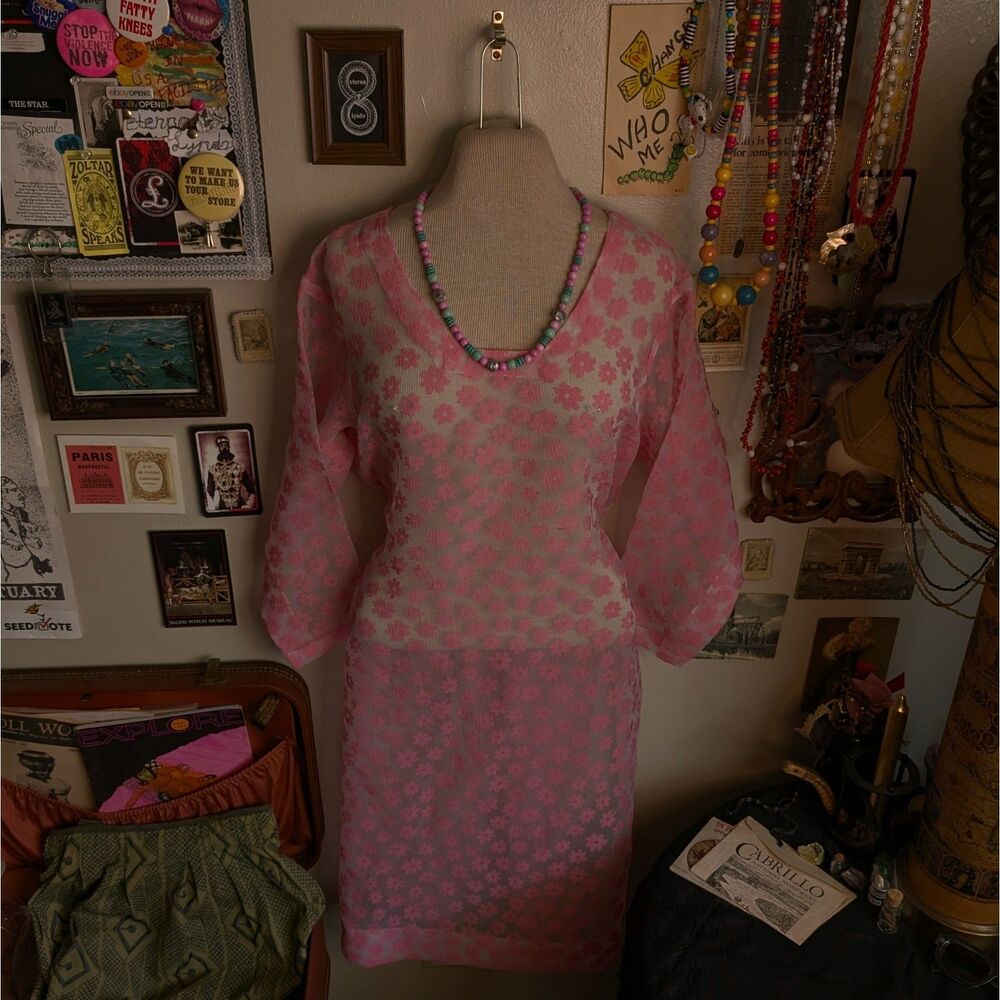 Floral Print Midi Dress Women's Small/Medium Pink Sheer Vintage Cover Up - Picture 1 of 3